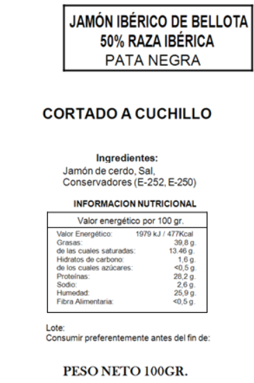 Jamón de Bellota Ibérico 50% Raza Ibérica - Cortado a Cuchillo